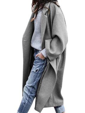 Women's Grey Notched Collar Wool Blend Single Breast Midi Long Trench Coat